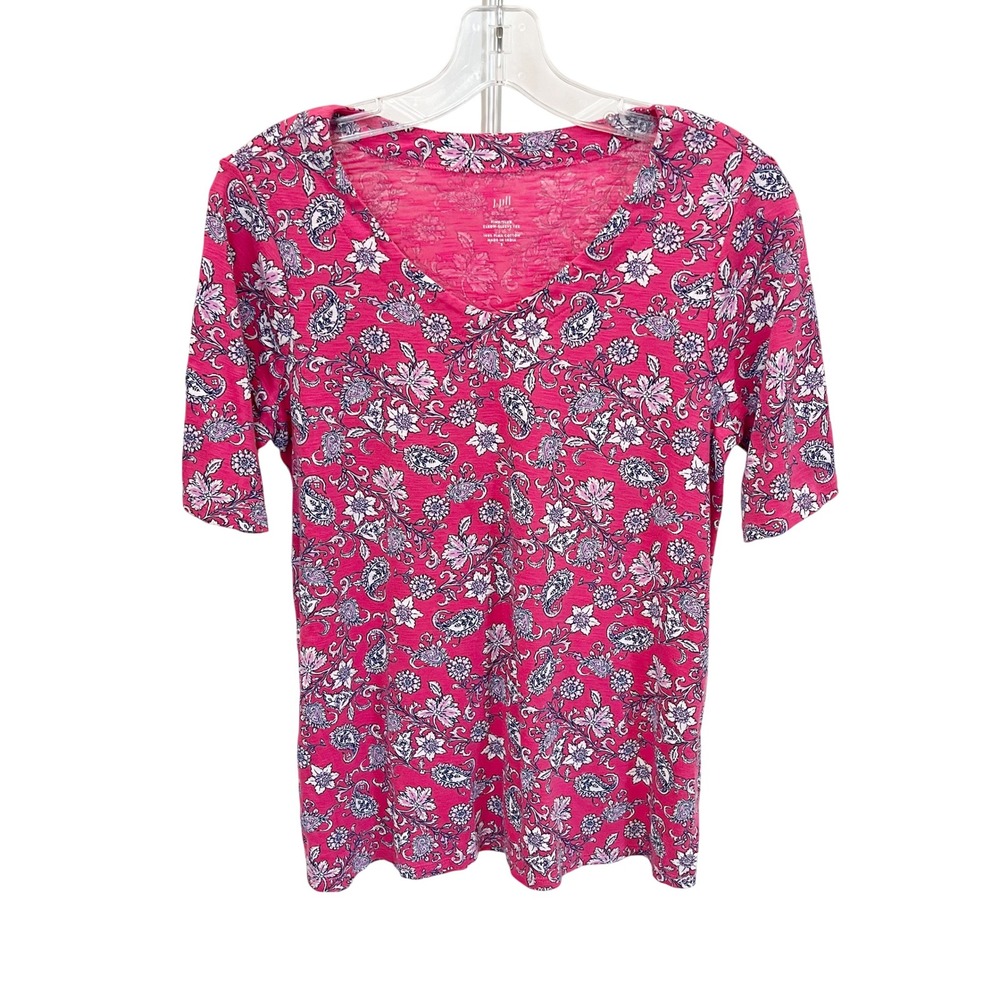 J. Jill Pima Slub Elbow Sleeve Tee Pink Floral Paisley V-Neck Top Size Small